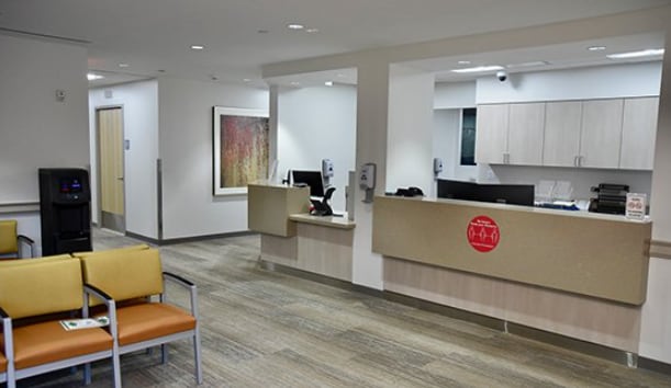 An empty Burke Rehabilitation check-in and waiting area.