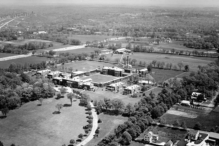 Black and white aerial view of Burke campus circa 1940s - 1950s